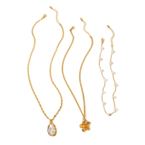 Three-piece layered gold necklace set with baroque pearl and starfish flower pendants