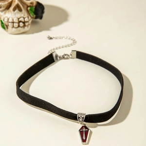 Gothic velvet choker featuring a coffin pendant and sword cross with a decorative skull