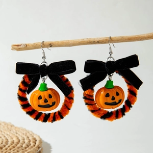 Halloween Pompoen Schedel Oorbellen Met Pluche Ring Fluwelen Strik Griezelige Festival Party Kostuum Sieraden Voor Dames