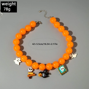 Halloween chunky orange bead necklace with ghost pumpkin charms and size specs
