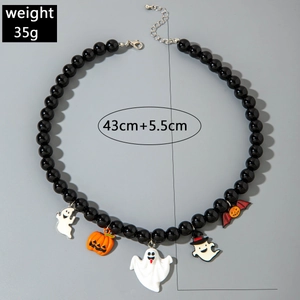 Detail of beaded Halloween necklace showing ghost, pumpkin pendants and 35g weight tag
