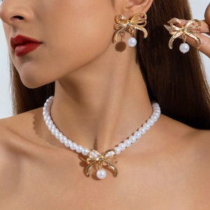 Collana E Orecchini In Imitazione Perla Artificial Lega Strass Ciondolo A Fiocco Elegante Vintage Gioielli Per Donna