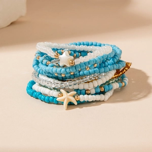 Bohemian multi-layer blue and white beaded bracelet set with starfish charm