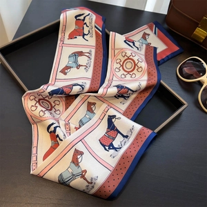 Equestrian print silk scarf with horse and buckle motifs for women's fashion styling