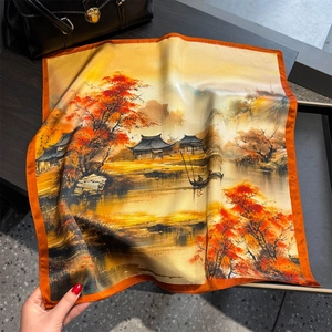 Seidenschal aus 100% Maulbeerseide mit chinesischer Landschaftsmalerei und Ahornblättern