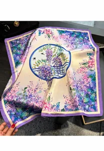 Detail of silk-like square scarf featuring vintage lavender wisteria and sparrow print