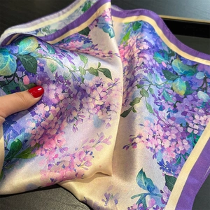 Elegant purple lilac print silk scarf with floral patterns and deep violet borders