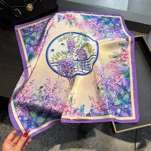 Elegant lavender floral print silk scarf featuring oriental wisteria patterns on beige