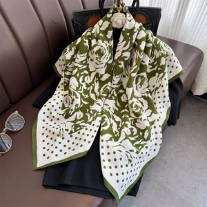 Green and white polka dot camellia floral silk shawl for women elegant neck wrap