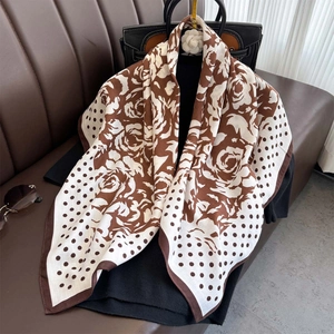 Elegant Camellia Floral Polka Dot Print Square Scarf Satin Faux Satin Large Headscarf Neck Scarf For Women Retro Style