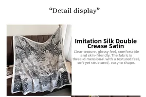 Detail view of monochrome landscape print on faux silk double crepe satin square scarf