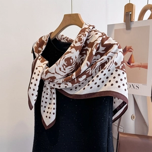Polka dot and rose pattern silk scarf for women in coffee brown and beige colors