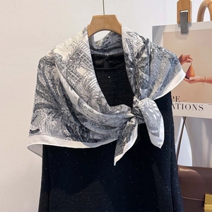 Elegant white square scarf with black tropical rainforest floral print and palm tree pattern