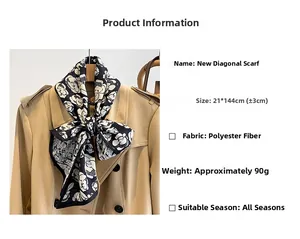 Polyester scarf details showing 21x144cm size and black floral pattern for all seasons