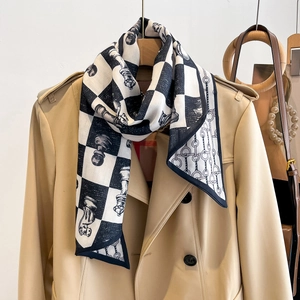 Fashionable floral geometric silk scarf with black white chessboard and chess print