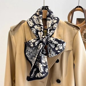 Women Long Narrow Satin Like Scarf Polyester Neck Scarf Camellia Flower Houndstooth Checkerboard Elegant Fashion Accessory