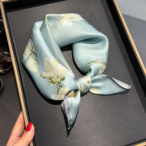 Mulberry Satin Scarf Magnolia Floral Print Square Neck Kerchief Elegant Satin Head Wrap Hair Accessory For Women