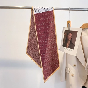 Elegant long silk scarf with wine red paisley patterns and chic black white polka dots