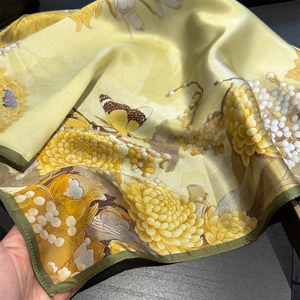 Luxurious yellow silk square scarf with floral chrysanthemum and butterfly prints
