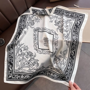 Elegant satin square scarf with black floral print and baroque patterns for women