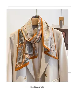 Detail of silk-feel scarf with vintage paisley pattern draped on a beige blazer
