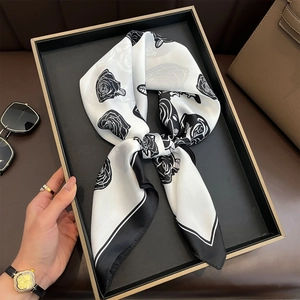 Elegant Rose Floral Printed Satin Square Scarf For Women Lightweight Polyester Neck Wrap For Daily Dating Fashion Scarf