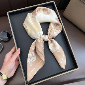 Elegant champagne silk scarf with rose floral prints for sun protection and neck decor