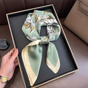 Elegant floral mint green silk square scarf with hand-drawn botanical print for women