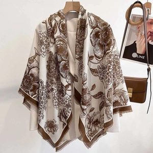 Large Square Scarf Shawl Floral Print Cotton Linen Feel Tassel Fringe Sun Protection Vintage Elegant Travel Wrap Women