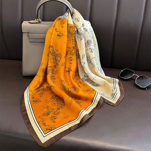 Women's Fashion Floral Print Satin Square Scarf Elegant French Style Contrast Color Patchwork Neck Scarf Handbag Accessory