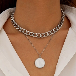 Double Layered Necklace Alloy White Mother Of Artificial Pearl Round Pendant Layered Curb Fine Chain Geometric Jewelry For Women