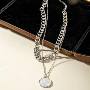 Double layer silver geometric necklace with white mother of pearl round pendant charm