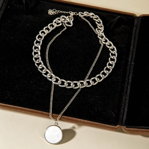 Macro detail of silver double-layer necklace with white shell pendant in jewelry box