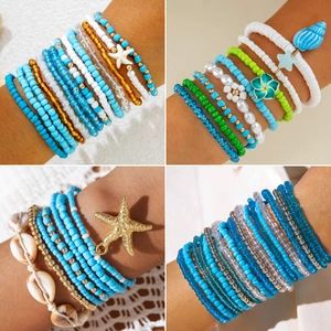 Bohemian Multi Layer Beaded Bracelets With Resin Artificial Pearl Alloy Starfish Shell Flower Charms Ocean Beach Summer Women Fashion