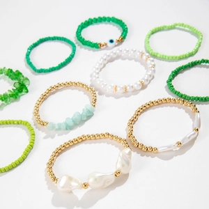 Ensemble de bracelets bohèmes à perles vertes avec perles et breloque mauvais œil