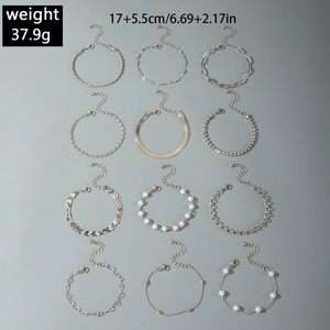 Lot de 12 bracelets argentés avec perles, strass, cœurs et maillons type trombone