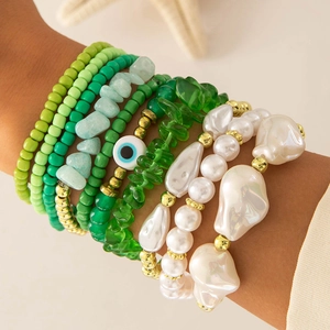 Bracelets Künstliche Perles Vert Bohemien Fausse Künstliche Perle Oeil De Mal Alliage Pierre Bijoux Pour Femmes