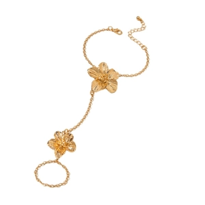Elegant gold flower ring bracelet with textured petals and adjustable chain connection