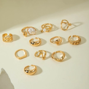 12-piece set of vintage gold-plated alloy geometric rings featuring faux pearl accents