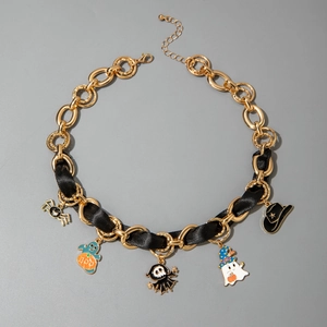 Halloween leather choker with gold chains and ghost pendants featuring Boo pumpkin