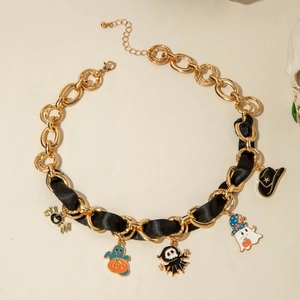 Halloween leather choker with gold chain, black ribbon, and colorful ghost charms