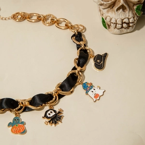 Halloween gold chain choker with black ribbon and ghost pumpkin pendants