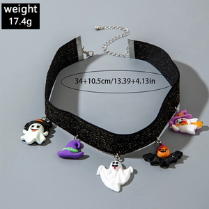 Gothic Halloween choker with black glitter ribbon and cartoon ghost pumpkin charms