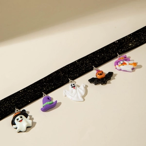 Detail of Halloween choker with glitter ribbon and cartoon ghost pumpkin pendants