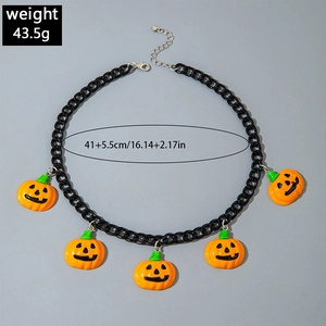 Detail of Halloween pumpkin necklace showing five orange charms and chain dimensions