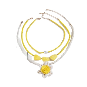 Parure de colliers bohème avec fleurs en coquillage et perles jaunes pour femme