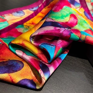 Artistic oil painting silk scarf with vibrant abstract watercolor texture and silk sheen