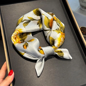 Elegant Mulberry Satin Square Scarf Yellow Floral Print Satin Neck Wrap Lightweight Fashion Accessories For Women
