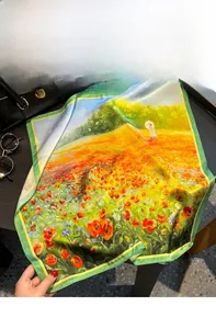 Macro detail of 100% mulberry silk square scarf with vintage poppy floral pattern
