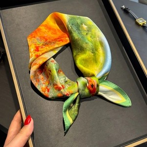 Elegant Satin Square Scarf Mulberry Satin Impressionist Oil Painting Poppy Floral Print Neck Accessory For Women